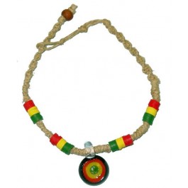 Hemp Rasta Style Bracelet/Anklet w/ Round Rasta Pendant & Beads